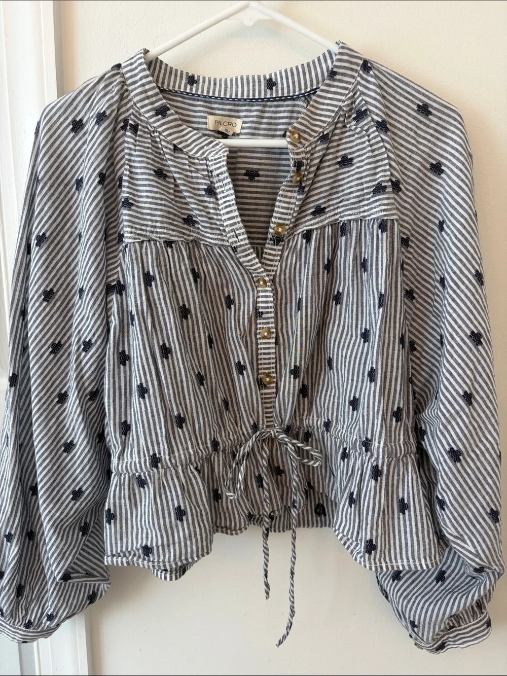 Anthropologie Navy and White Striped Embroidered Drawstring Blouse